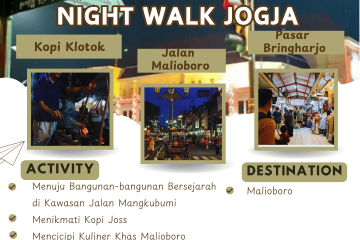 Paket Tour Night Walk Jogja 1 Hari mengajak Anda menjelajahi keindahan Yogyakarta di malam hari, mengunjungi situs bersejarah dan menikmati suasana kota yang magis.