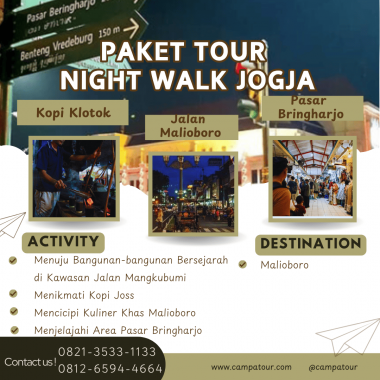 Paket Tour Night Walk Jogja 1 Hari mengajak Anda menjelajahi keindahan Yogyakarta di malam hari, mengunjungi situs bersejarah dan menikmati suasana kota yang magis.