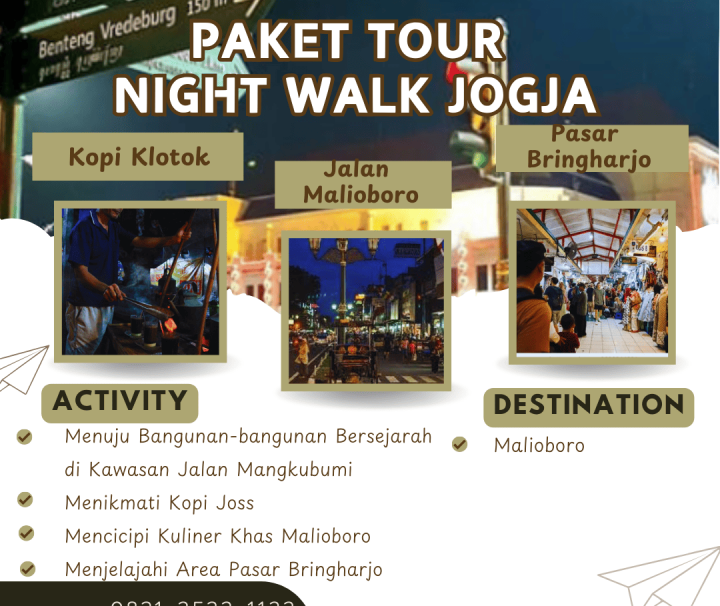 Paket Tour Night Walk Jogja 1 Hari mengajak Anda menjelajahi keindahan Yogyakarta di malam hari, mengunjungi situs bersejarah dan menikmati suasana kota yang magis.