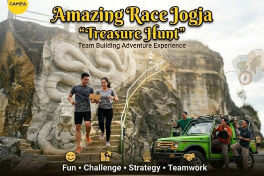 Amazing Race Jogja “Treasure Hunt” - Kekompakan tim corporate gathering saat menyelesaikan tantangan permainan kelompok Amazing Race Jogja Campa Tour.