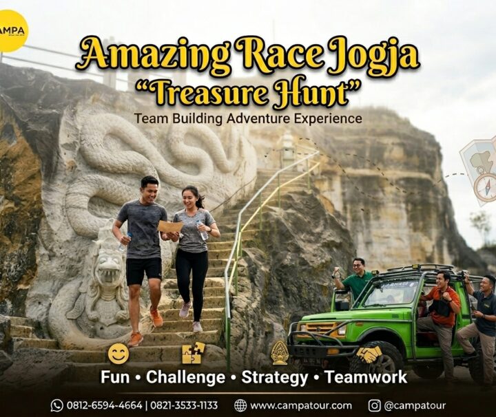 Amazing Race Jogja “Treasure Hunt” - Kekompakan tim corporate gathering saat menyelesaikan tantangan permainan kelompok Amazing Race Jogja Campa Tour.