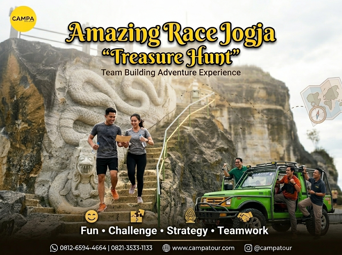 Amazing Race Jogja “Treasure Hunt” - Kekompakan tim corporate gathering saat menyelesaikan tantangan permainan kelompok Amazing Race Jogja Campa Tour.