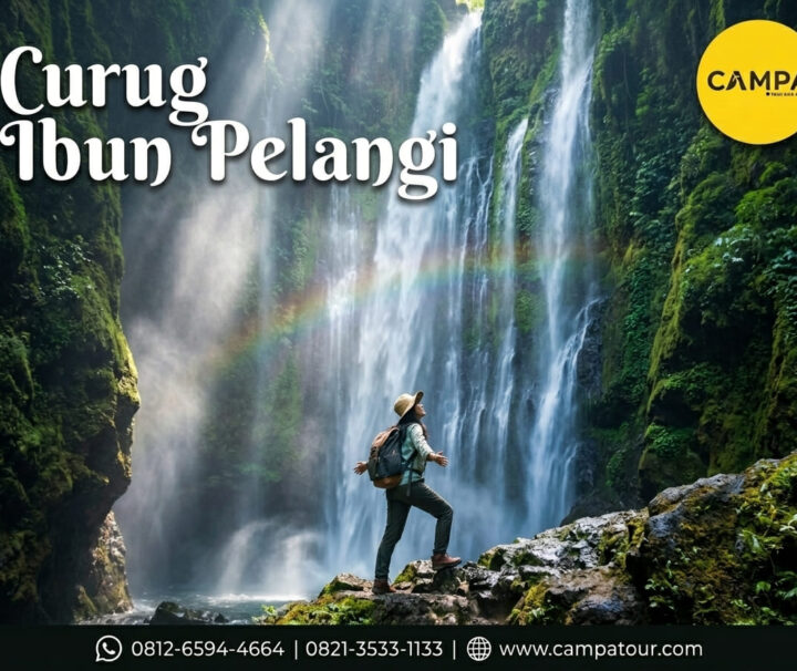 Wisatawan sedang menikmati keindahan Curug Ibun Pelangi dalam paket wisata Majalengka dari Campa Tour